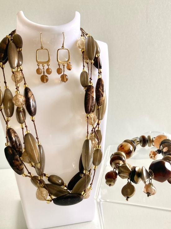 Jewelry - Multi-Strand Brown Bead Necklace Set with Earrings and Bracelet